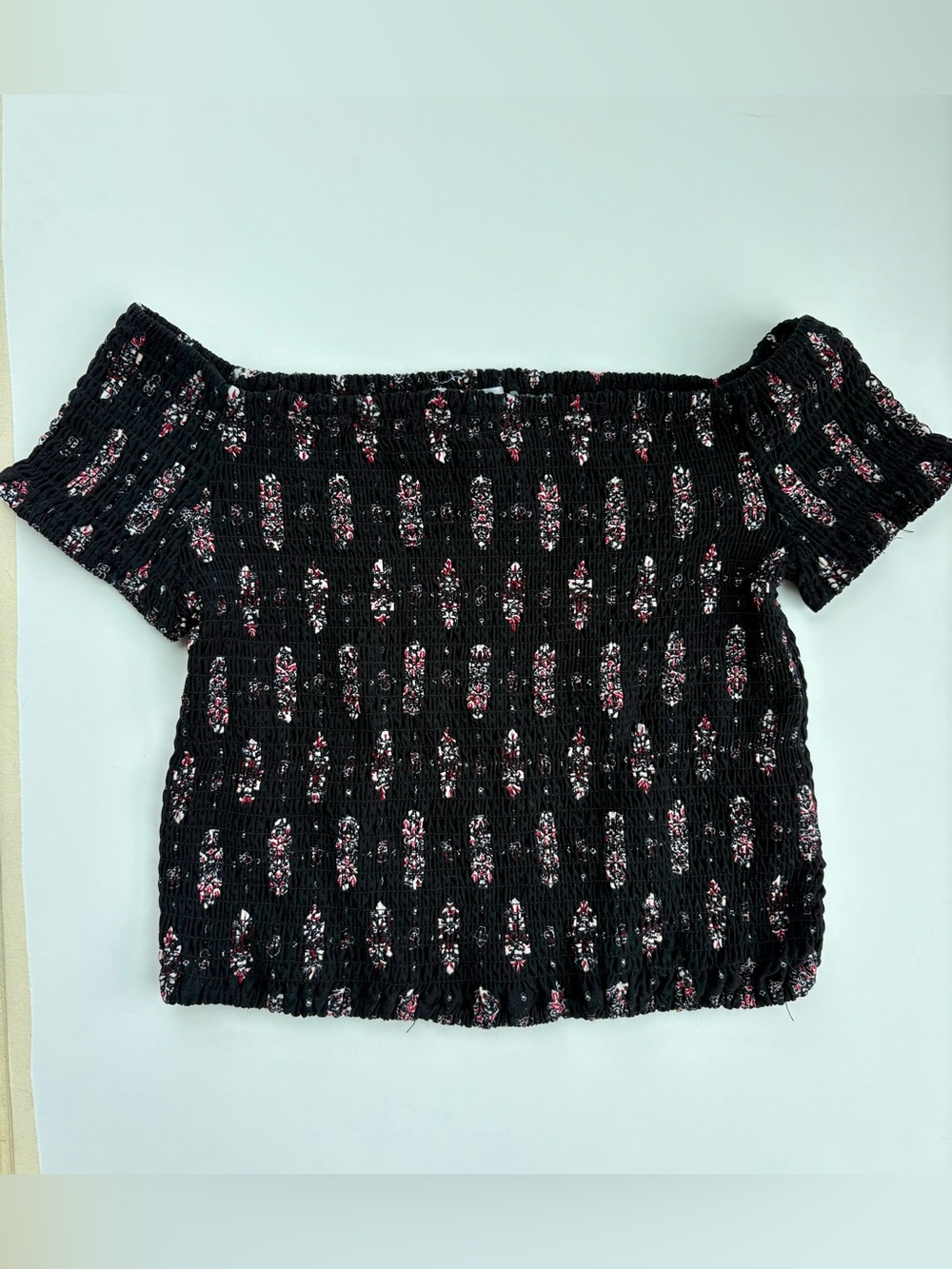 Streetwear Society Smocked Off Shoulder Crop Top Black Floral Cottagecore Size L - Picture 2 of 5